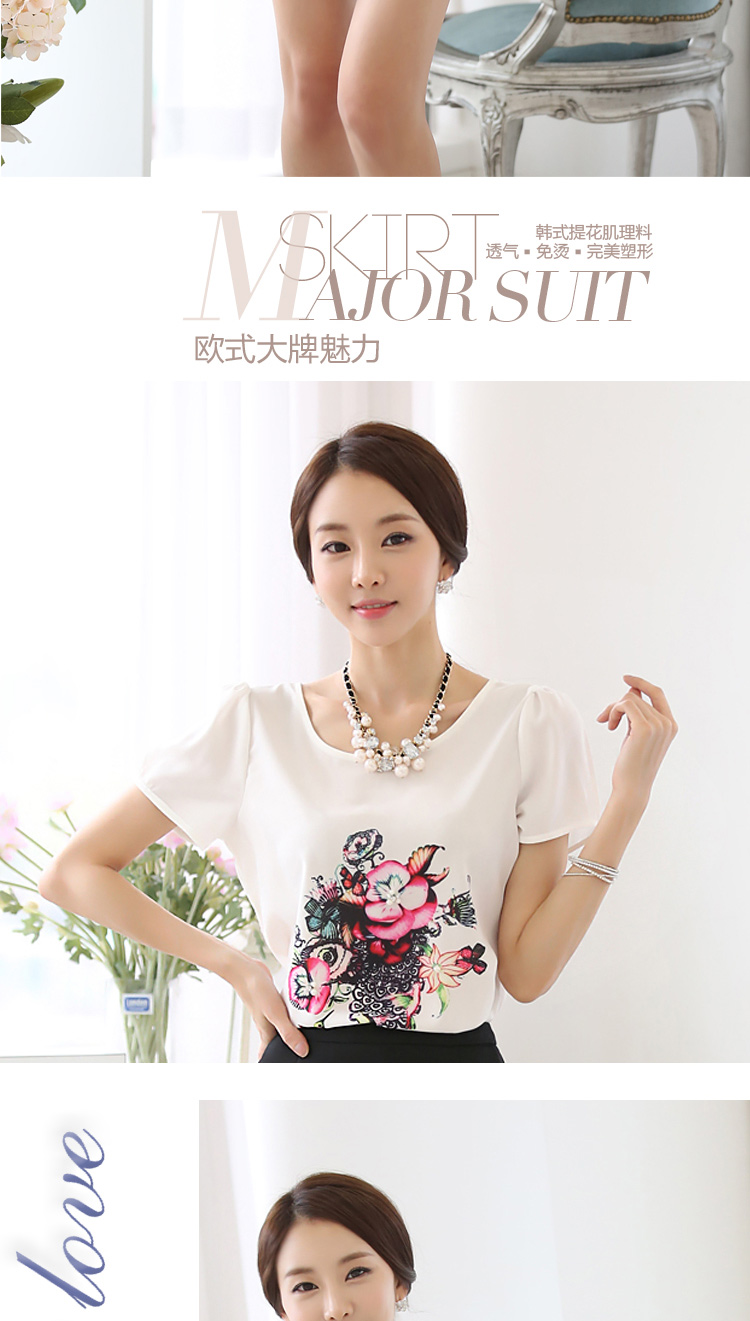2015雪纺衫女短袖t恤夏装新款时尚韩范潮圆领印花大码修身上衣 图片色 2XL