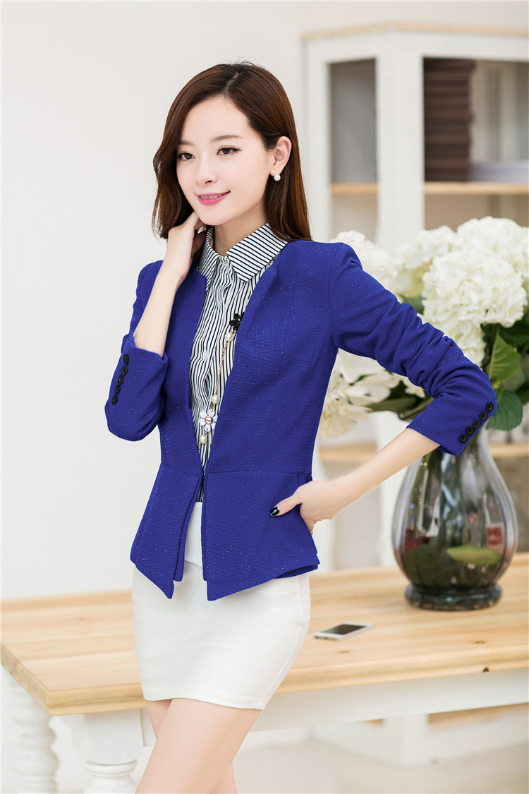 优果贝尔店2015秋装新款修身OL小西装外套女 蓝色 M