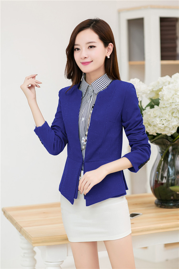 优果贝尔店2015秋装新款修身OL小西装外套女 蓝色 M