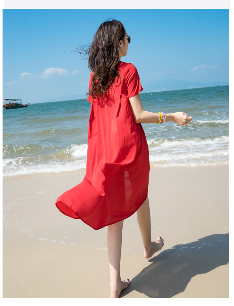沙滩裙海边度假红色连衣裙女 修身显瘦中长款波西米亚