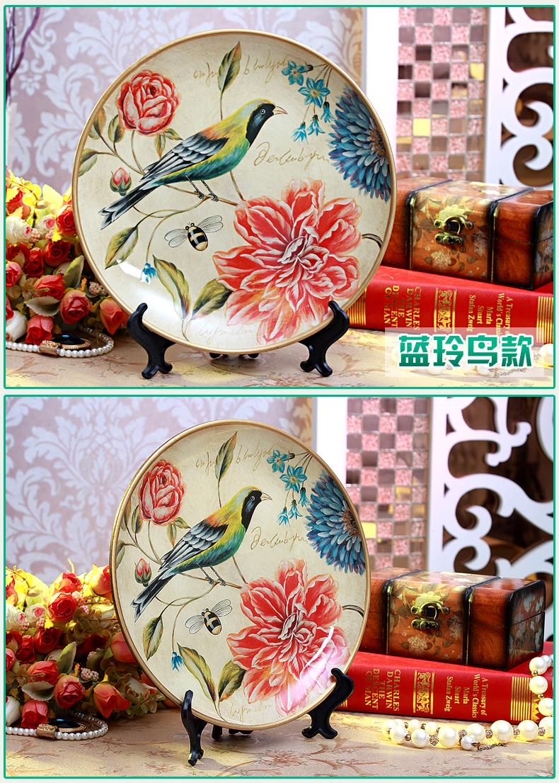 欧式美式乡村复古手绘陶瓷装饰盘摆盘座盘家居饰品工艺品摆件礼物 比翼连枝红色款