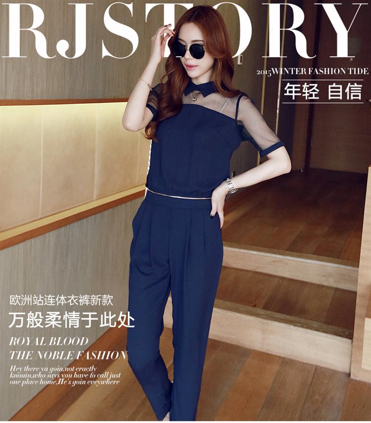 芮婕服装*芮婕服装*雪纺连体衣裤2015夏季新款 韩版休闲夏装显瘦连身小脚长裤女装 藏青色 XL