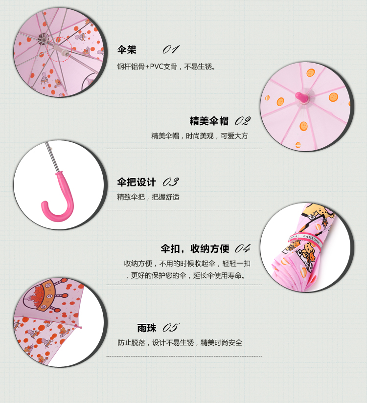 天堂伞 童话乐园直杆手开儿童晴雨伞13003E粉红色