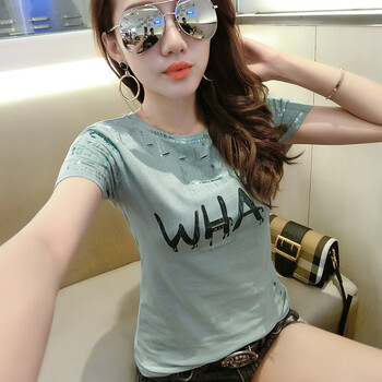 ZALO 破洞，印花 短袖 T恤 女 圓領(lǐng)