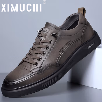 希慕驰XIMUCHI品牌 商务休闲鞋男 秋冬新款时尚透气皮面鞋子男 板鞋韩版运动鞋男鞋 卡其色(礼盒装） 38