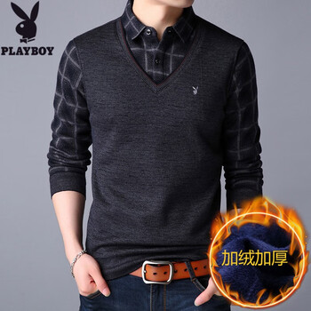 花花公子（PLAYBOY） 長(zhǎng)袖 男士T恤 加絨灰色 