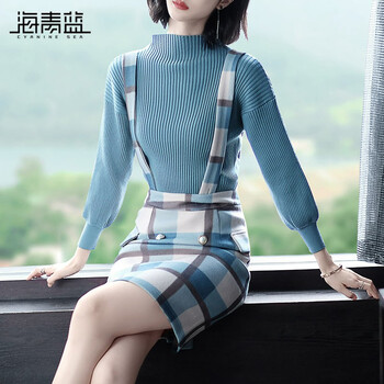 海青藍（CYANINE SEA） 格子 拼接，格子，紐扣 連衣裙