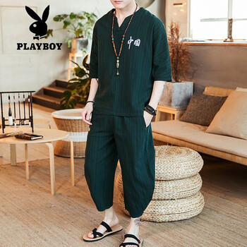 花花公子（PLAYBOY） 五分袖 男士T恤 綠色 