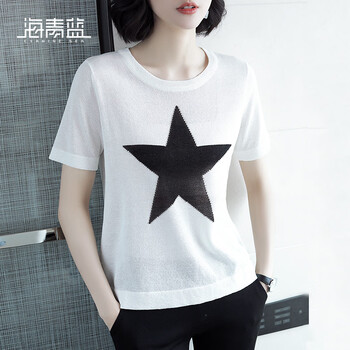 海青藍(lán)（CYANINE SEA） 拼接，印花 短袖 T恤 女 圓領(lǐng)