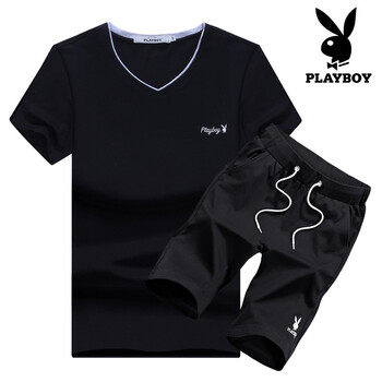 花花公子（PLAYBOY） 短袖 男士T恤 黒色上衣+黑色五分褲 