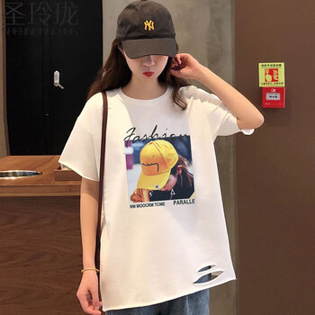 圣玲瓏（SHENGLINGLONG） 破洞，印花 短袖 T恤 女 圓領