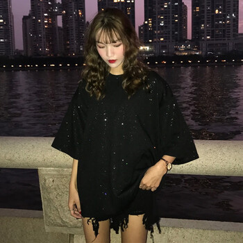 其他品牌 亮片，開衩，前短后長 短袖 T恤 女 圓領(lǐng)