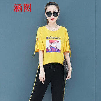 涵圖（HanTu） 破洞，抽繩，印花 短袖 T恤 女 圓領(lǐng)