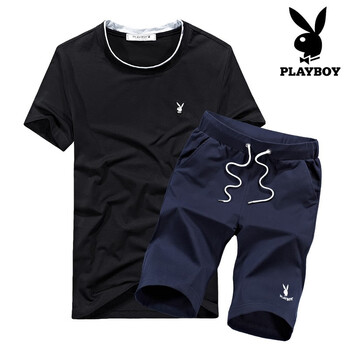 花花公子（PLAYBOY） 長袖 男士T恤 黑上衣＋藍(lán)褲子 
