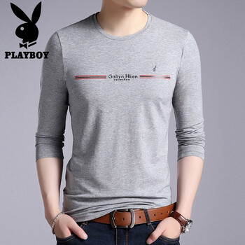 花花公子（PLAYBOY） 長(zhǎng)袖 男士T恤 灰色圓領(lǐng)【不加絨】 