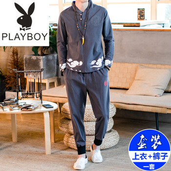 花花公子（PLAYBOY ESTABLISHED 1953） 長袖 男士T恤 1565-灰色 