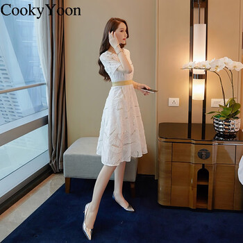 CookyYoon 純色 拼接，鏤空，蕾絲 連衣裙