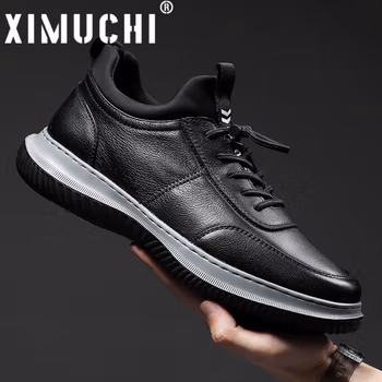 希慕驰XIMUCHI品牌 运动休闲鞋男 秋冬新款百搭透气皮面鞋子男 系带厚底防滑老爹鞋男鞋 黑色(礼盒装） 38