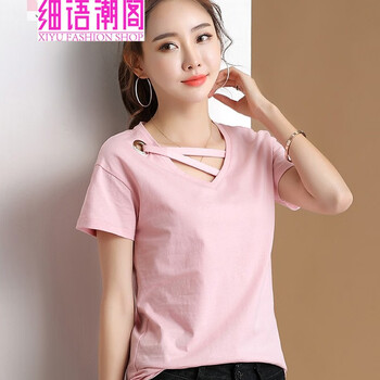細(xì)語(yǔ)潮閣（XIYU FASHION SHOP） 斜肩，綁帶 短袖 T恤 女 V領(lǐng)