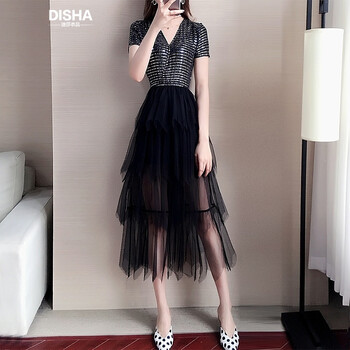 迪莎衣品（DISHAYIPIN） 純色 拼接，亮絲，紗網(wǎng) 連衣裙