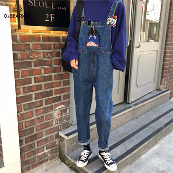 Q&BEARMAI 高腰 背帶褲 女 長褲 牛仔褲