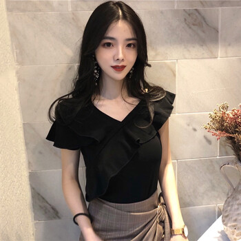 其他品牌 荷葉邊，拼接 短袖 T恤 女 一字領(lǐng)