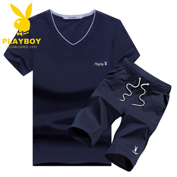花花公子（PLAYBOY） 短袖 男士T恤 藍(lán)衣藍(lán)褲 