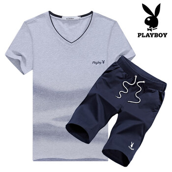 花花公子（PLAYBOY） 短袖 男士T恤 灰色上衣+深藍(lán)五分褲 