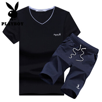 花花公子（PLAYBOY ESTABLISHED 1953） 短袖 男士T恤 黑衣藍(lán)褲 