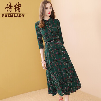 詩緒（POEMLADY） 格子 腰帶，紐扣，拉鏈，綁帶，印花 連衣裙