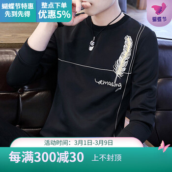 恒源祥 長(zhǎng)袖 男士T恤 條紋羽毛黑色(常規(guī)款) 