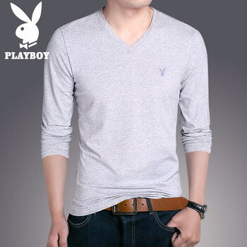 花花公子（PLAYBOY ESTABLISHED 1953） 長袖 男士T恤 灰色（V領(lǐng)） 