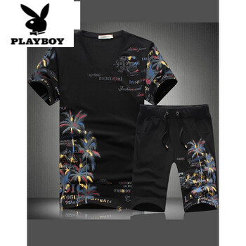 花花公子（PLAYBOY） 短袖 男士T恤 5870黑色短袖+短褲 