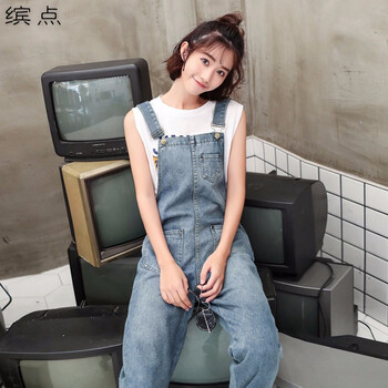 繽點(diǎn) 高腰 背帶褲 女 九分褲 牛仔褲