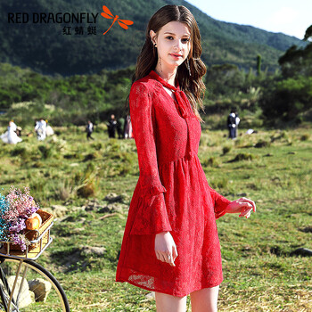 紅蜻蜓（RED DRAGONFLY） 碎花，純色 拼接，褶皺，蕾絲，立體裝飾 連衣裙