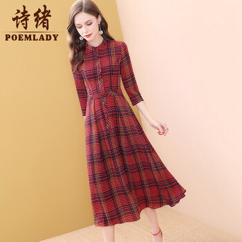 詩(shī)緒（POEMLADY） 格子 口袋，不對稱(chēng)，抽褶，紐扣，褶皺，印花 連衣裙
