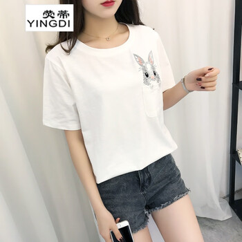 熒蒂YINGDI 繡花，口袋 短袖 T恤 女 圓領(lǐng)