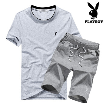 花花公子（PLAYBOY） 短袖 男士T恤 灰色上衣+灰色短褲 