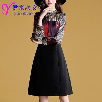 伊家淑女（Yijiashunv） 幾何圖案，格子，圓點 拼接，波點，印花 連衣裙
