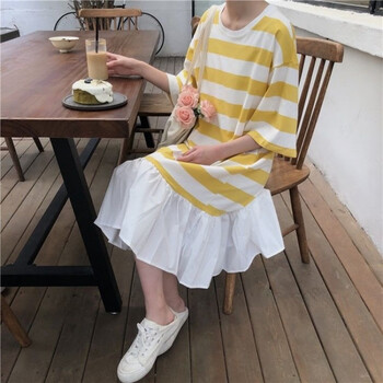 黃色條紋長(zhǎng)裙拼接