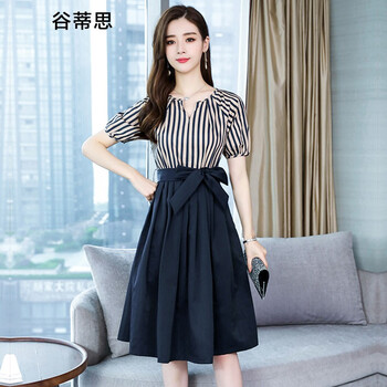 谷蒂思（GUDISI） 條紋 拼接，拼色 連衣裙