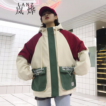 嵐燁 連帽 長(zhǎng)袖 女 短外套 拉鏈，拼色，多口袋，印花