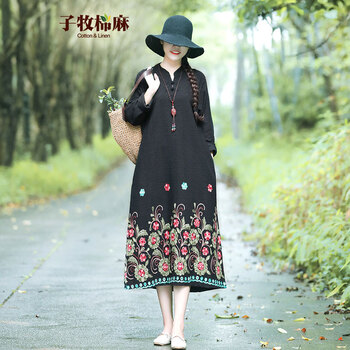 子牧棉麻 大花 繡花 連衣裙