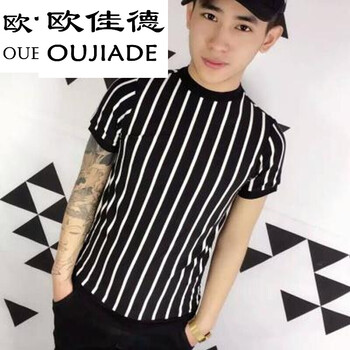 歐佳德（OUJIADE） 短袖 男士T恤 豎條紋短袖 黑色 