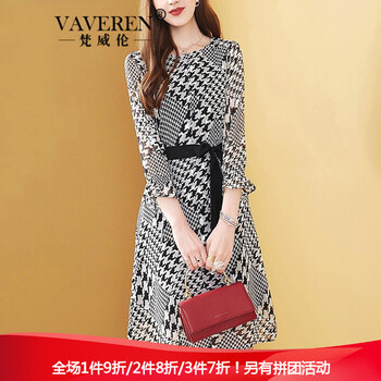梵威倫（VAVEREN） 千鳥格 綁帶，印花，蝴蝶結(jié) 連衣裙