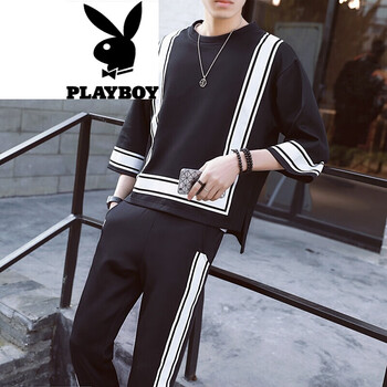 花花公子（PLAYBOY） 七分袖 男士T恤 B805-黑色 