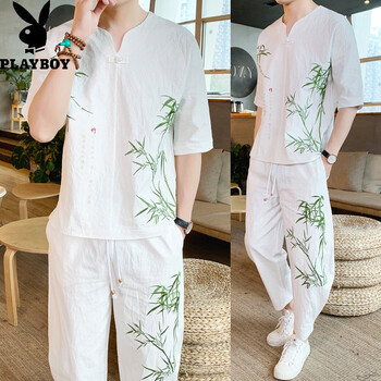 花花公子（PLAYBOY） 五分袖 男士T恤 TZ112白色 