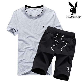 花花公子（PLAYBOY） 短袖 男士T恤 灰色上衣+黑色短褲  