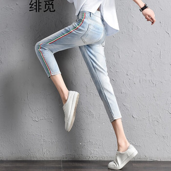 拼接薄款七分牛仔褲女