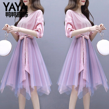 鴨鴨服飾（yaya） 條紋 拼接，紗網(wǎng) 連衣裙
